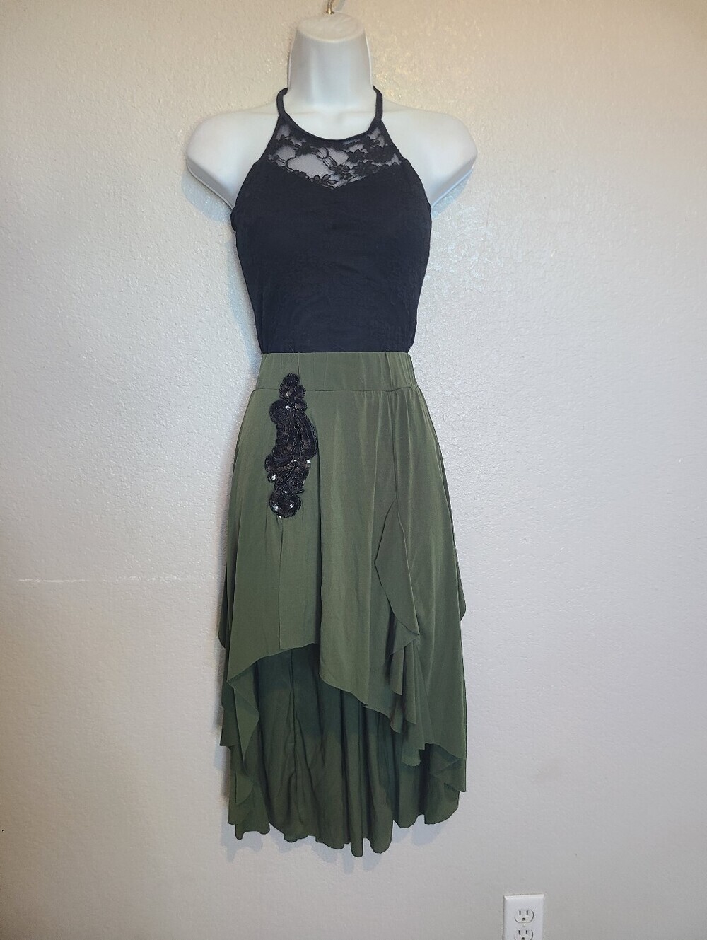 Weissman Dance Skate Costume Leotard Dress Olive Green & Black Lace Layered